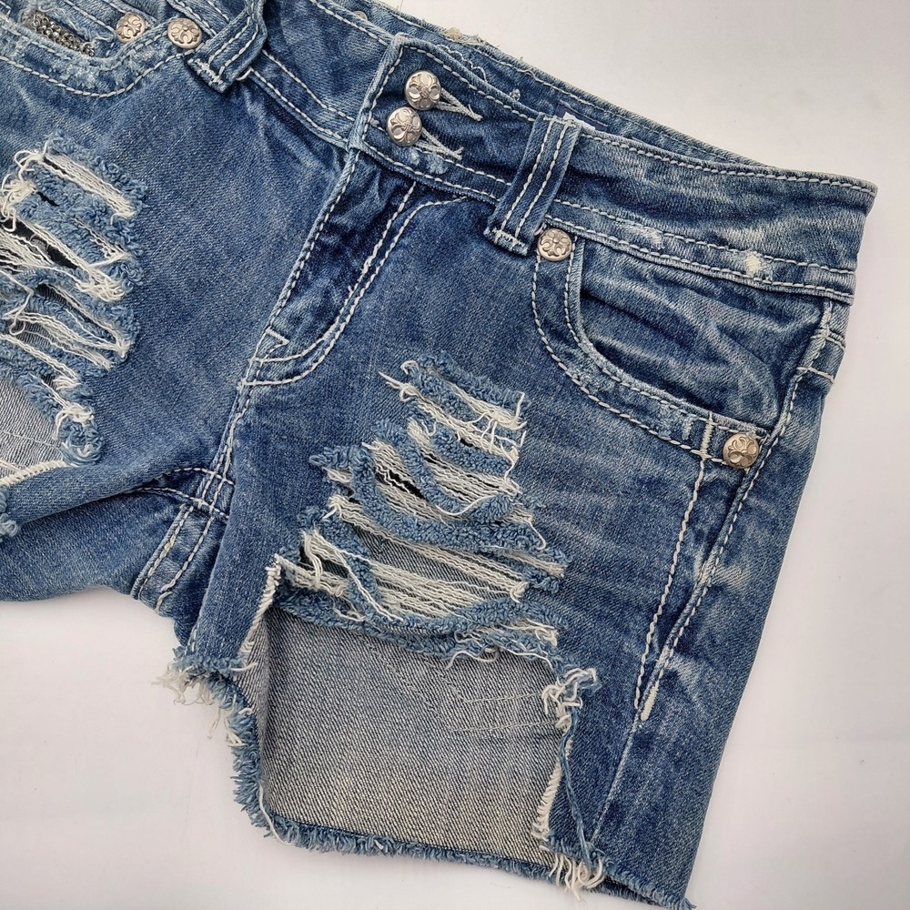 Miss Me Denim Brand Cut Off Shorts Womens 29 Distressed Ripped Bling Skull - Picture 8 of 9